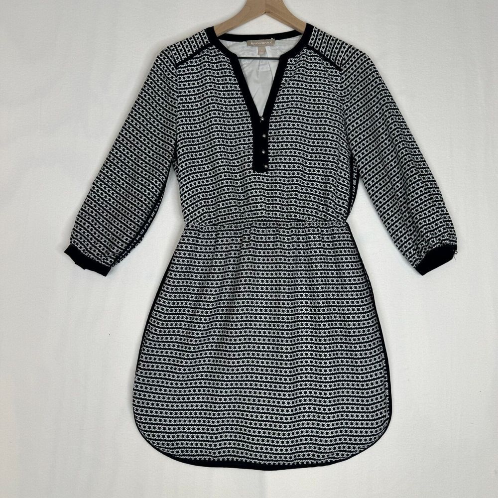 Banana Republic Dress Womens Size 2‎ Black Anchor Print 3/4 Sleeve V-Neck Lined